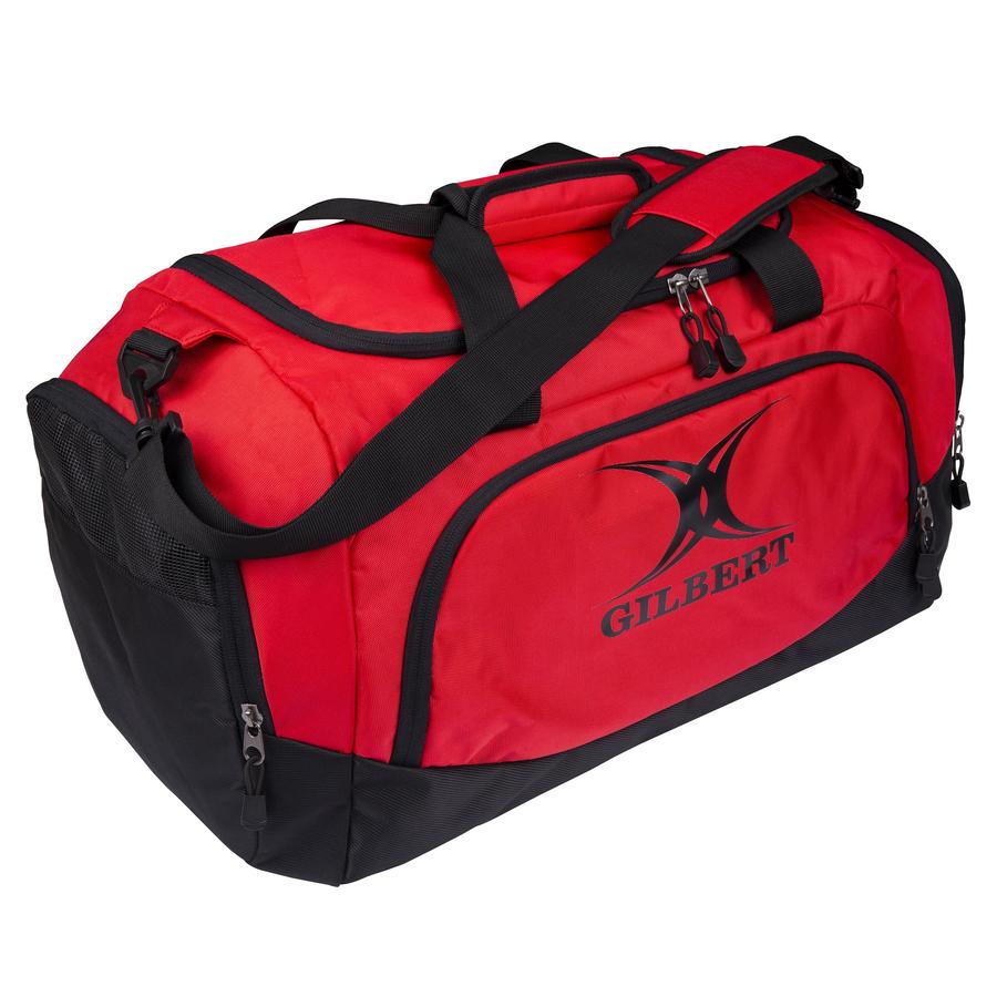 The Gilbert V3 Club Player Holdall in Black/Red features sturdy black handles, zippers, and a front logo—making it a stylish yet practical Gilbert sports bag or versatile luggage option for athletes.