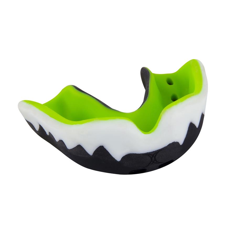 The Grays Viper Pro 3 Mouthguard by Grays features a green design with a black base and white jagged teeth-like pattern, providing secure boil-and-bite sports protection, displayed on a white background.