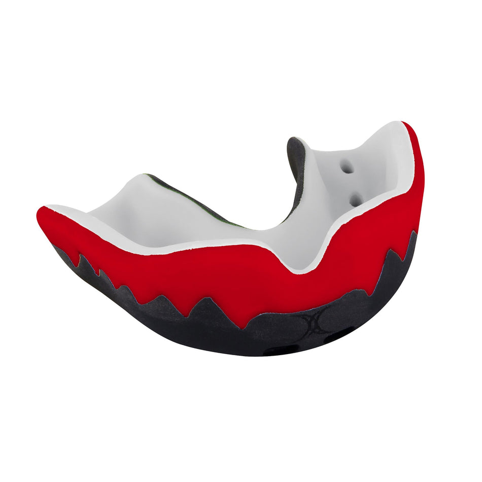 A close-up of the Grays Viper Pro 3 Mouthguard by Grays, showing its red, black, and white jagged design, ventilation holes, and contoured shape for a secure boil-and-bite fit—ideal for sports protection.
