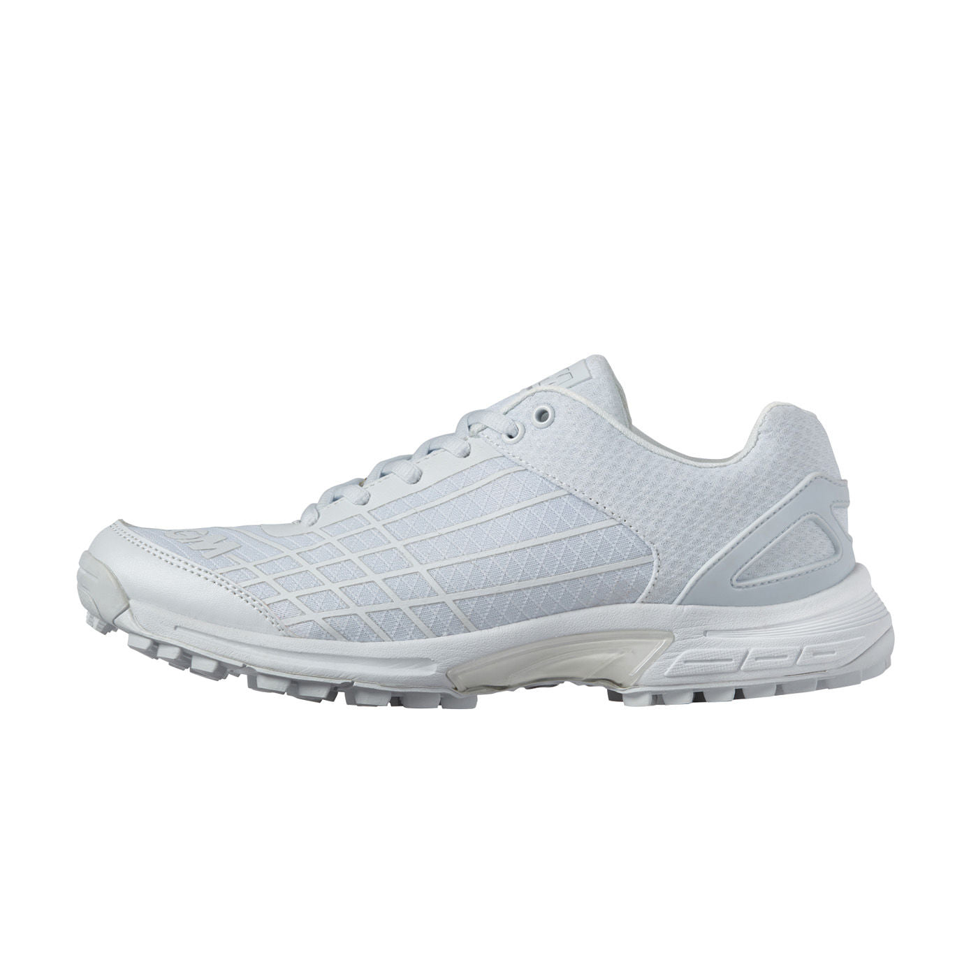 The Gunn & Moore Icon All Rounder Junior is a white athletic sneaker with a mesh upper, textured sole, and geometric side patterns, offering great arch support. Shown in side profile on a plain background. Ideal for running or sports activities.