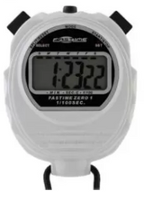 The Fastime 01 Stopwatch by Fastime is a white digital stopwatch with a large display showing 1:23.22, black top buttons, and a black cord, ideal for single event timing and cumulative split tracking.