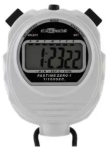 The Fastime 01 Stopwatch by Fastime is a white digital stopwatch with a large display showing 1:23.22, black top buttons, and a black cord, ideal for single event timing and cumulative split tracking.