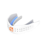 A Shock Doctor SuperFit All Sport Mouth Guard in white, shown with vent holes and a blue inner lining, featuring an orange Shock Doctor logo on the side. Displayed against a plain white background, this slim-fit mouthguard is designed to provide athletes with comfortable and secure protection during intense sports activities.