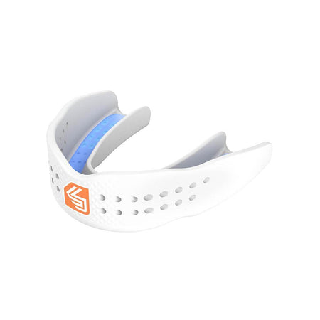 A Shock Doctor SuperFit All Sport Mouth Guard in white, shown with vent holes and a blue inner lining, featuring an orange Shock Doctor logo on the side. Displayed against a plain white background, this slim-fit mouthguard is designed to provide athletes with comfortable and secure protection during intense sports activities.