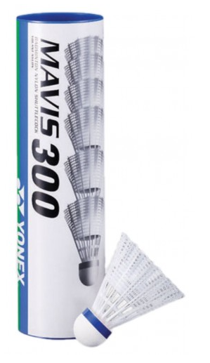 A Yonex Mavis 300 White Shuttles Medium Blue Speed tube stands upright with a white shuttlecock in front. The Yonex tube features MAVIS 300 branding and images of shuttles, recognized for their fast recovery in play.