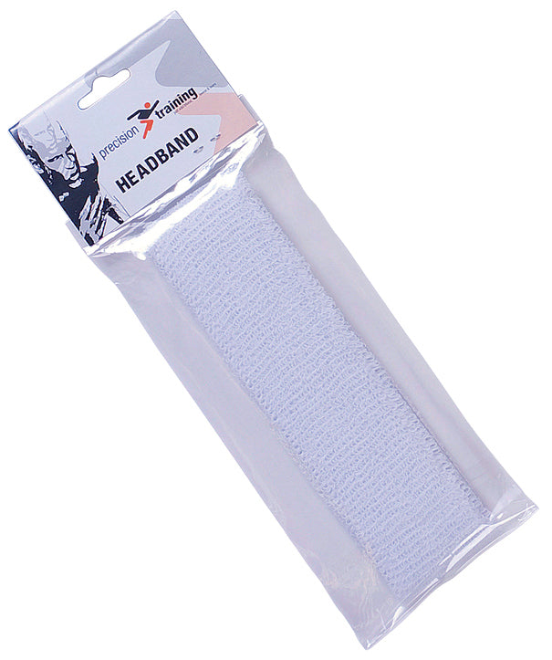A white cotton Precision Headbands by Precision Training, packaged in clear wrapping with a black-and-white athlete illustration on the label's upper left. Ideal for anyone seeking quality training headbands.