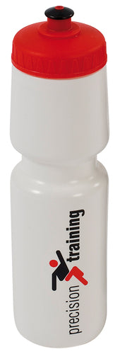 The Precision Training Water Bottle 750ml is a white plastic bottle with a red screw top, black nozzle, and features "precision training" and a stylized black and red figure vertically on the side.