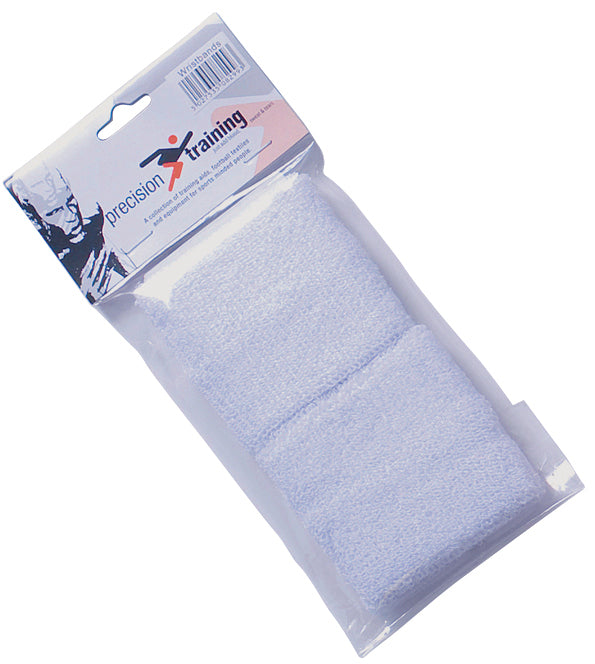 A set of Precision Training Precision Wristbands, made from white cotton, is shown in clear plastic packaging with a branded cardboard header.