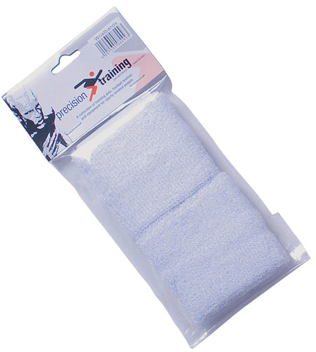 A set of Precision Training Precision Wristbands, made from white cotton, is shown in clear plastic packaging with a branded cardboard header.