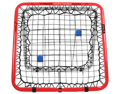 The Crazy Catch Wildchild Double Trouble by Crazy Catch is a square rebound net with a red frame, black mesh, and two blue target zones—perfect for boosting hand-eye coordination during sports training.