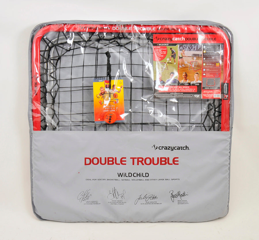 The Crazy Catch Wildchild Double Trouble by Crazy Catch comes in a gray and red case with black netting and sports graphics—perfect for fun reaction training and improving hand-eye coordination.