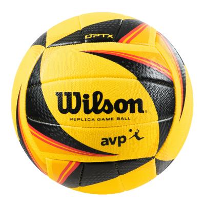 The Wilson OPTX Replica AVP Volleyball features a bold yellow and black design with red accents, visual spin technology, and Wilson and AVP logos—ideal for beach volleyball fans.
