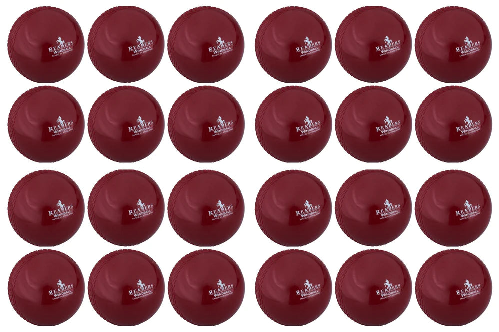 A grid of 24 identical red Readers Windball cricket balls with the Readers logo and a horse graphic, arranged in four rows and six columns on a white background—ideal for coaching or training sessions.
