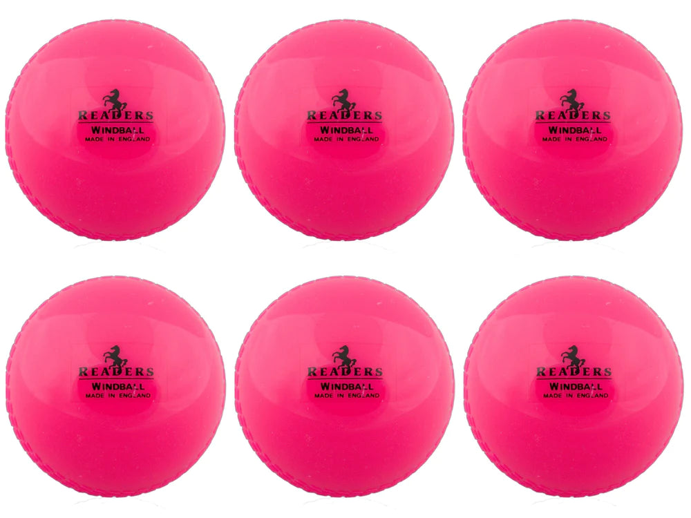 Six pink Readers Windball cricket balls from the Readers Windball 6 Pack are arranged in two rows of three on a white background, each showing the black “READERS WINDBALL MADE IN ENGLAND” branding.