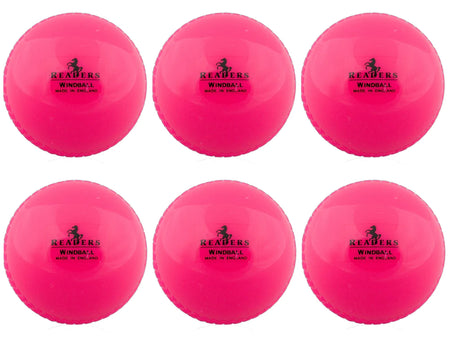 Six pink Readers Windball cricket balls from the Readers Windball 6 Pack are arranged in two rows of three on a white background, each showing the black “READERS WINDBALL MADE IN ENGLAND” branding.