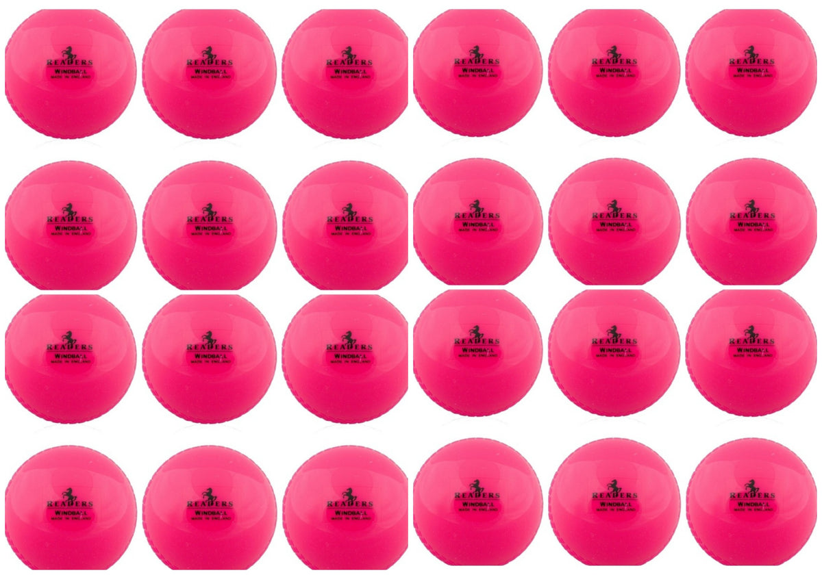 Twenty-four bright pink Readers Windball training balls from Readers are arranged in a 4x6 grid on a white background. Each ball features black logo and text, making them ideal for cricket coaching sessions.
