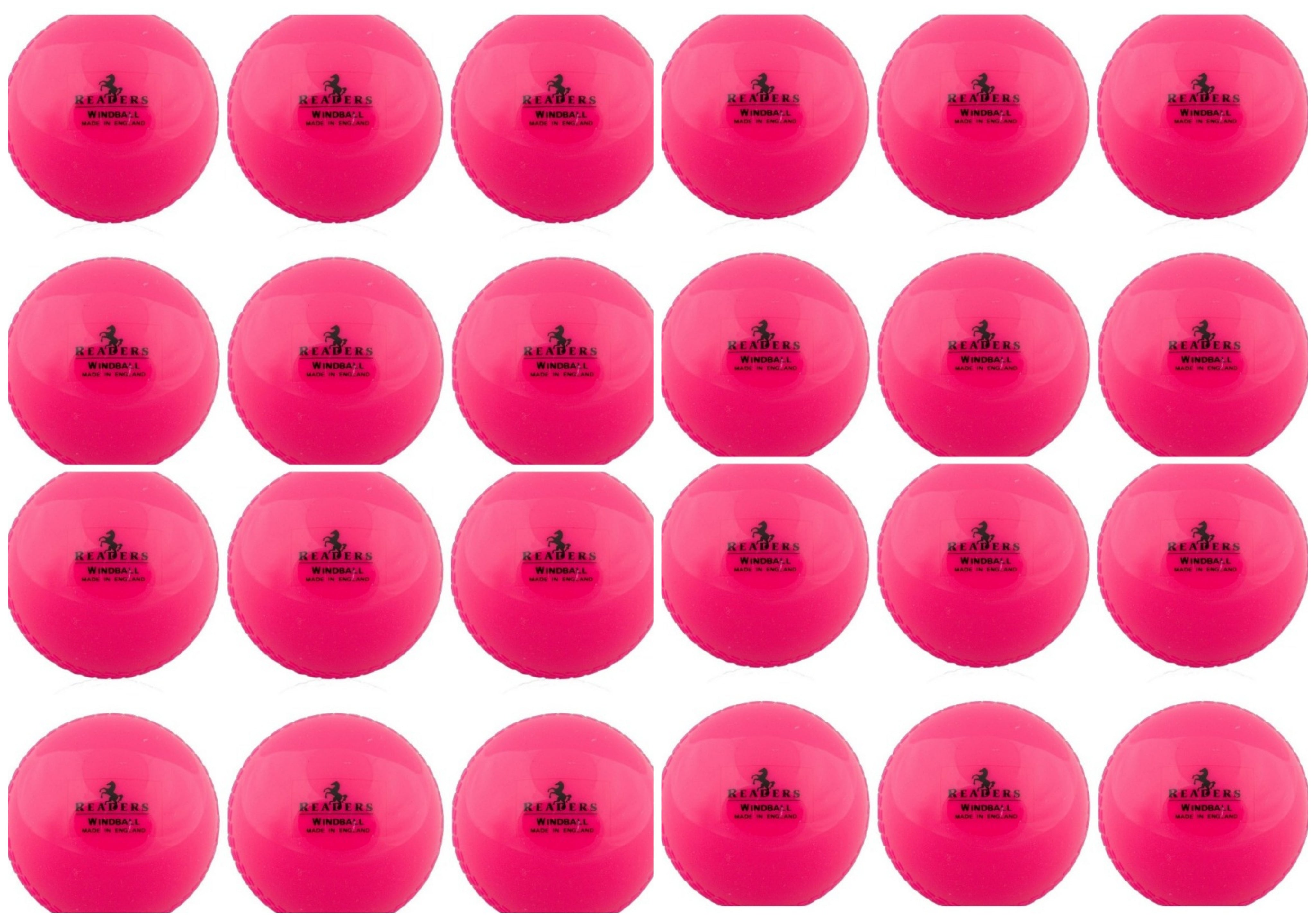Twenty-four bright pink Readers Windball training balls from Readers are arranged in a 4x6 grid on a white background. Each ball features black logo and text, making them ideal for cricket coaching sessions.