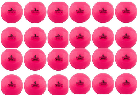 Twenty-four bright pink Readers Windball training balls from Readers are arranged in a 4x6 grid on a white background. Each ball features black logo and text, making them ideal for cricket coaching sessions.