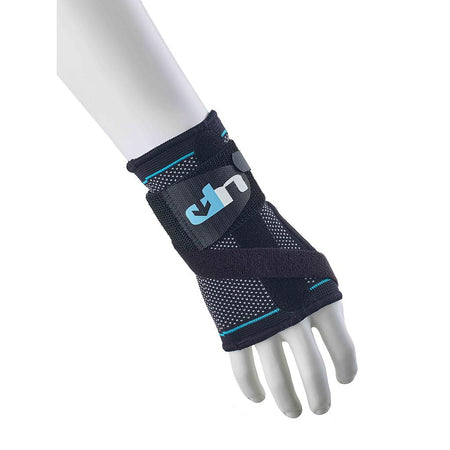 A mannequin hand displays the Reydon Sports Ultimate Performance Advanced Ultimate Compression Wrist Support in black and blue, featuring mesh material and adjustable straps for enhanced wrist support and stability.
