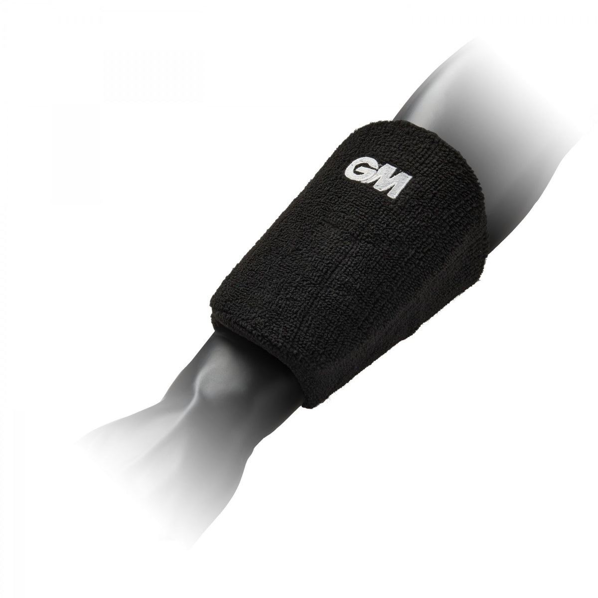 The Gunn & Moore Players Wrist Guard, a black sports arm guard with a white GM logo, features high impact material and shock absorbing foam for professional protection. Shown worn on a mannequin’s forearm against a plain white background.