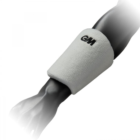 The Gunn & Moore Players Wrist Guard, in white with black GM lettering, is displayed on a mannequin arm and provides professional forearm and wrist protection.