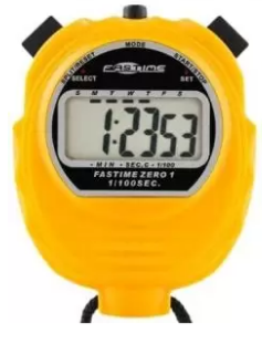 The Fastime 01 Stopwatch by Fastime is a yellow digital stopwatch showing 1:23.53 on its screen, featuring black buttons and a lanyard, perfect for single event timing.