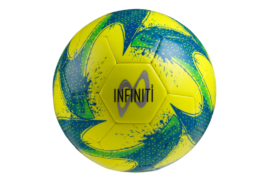 The Samba Sports Infiniti Training Ball 2023 features a fluo yellow and blue design with geometric patterns and INFINITI³ branding, making it perfect for training sessions.