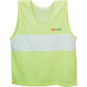The Grays Hockey Training Bibs (Senior) are lightweight, breathable yellow polyester mesh bibs featuring a white horizontal stripe and the Grays logo on the upper left chest.