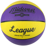 The Midwest League Basketball (Yellow/Purple) by Midwest is a rubber basketball with alternating yellow and purple panels, marked "Midwest League" and "Official Size & Weight 5," suitable for indoor or outdoor use.