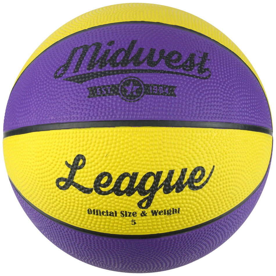 The Midwest League Basketball (Yellow/Purple) by Midwest is a rubber basketball with alternating yellow and purple panels, marked "Midwest League" and "Official Size & Weight 5," suitable for indoor or outdoor use.