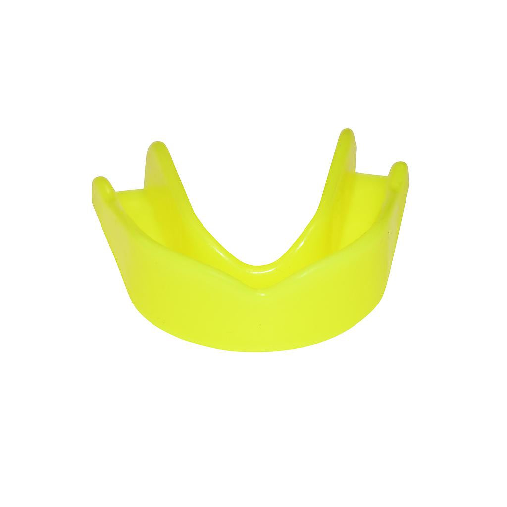 The SafeGard Safegard Essential Mouthguard is a bright yellow boil-and-bite guard for contact sports, fitting securely over upper teeth. Shown on a plain white background.