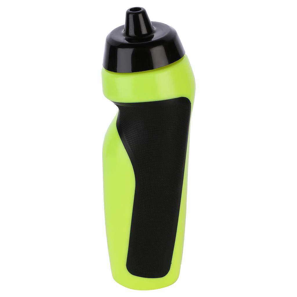 The Precision Training Sports Water Bottle (600ml) is lime green and black, BPA free, featuring a twist cap and ergonomic grip, displayed upright against a white background.