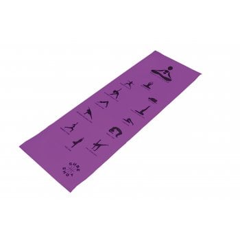 The Sure Shot Yoga Mat by Sure Shot is a cushioned purple yoga mat with black illustrations of various yoga poses arranged in rows on its non-slip surface, shown laid flat on a white background.