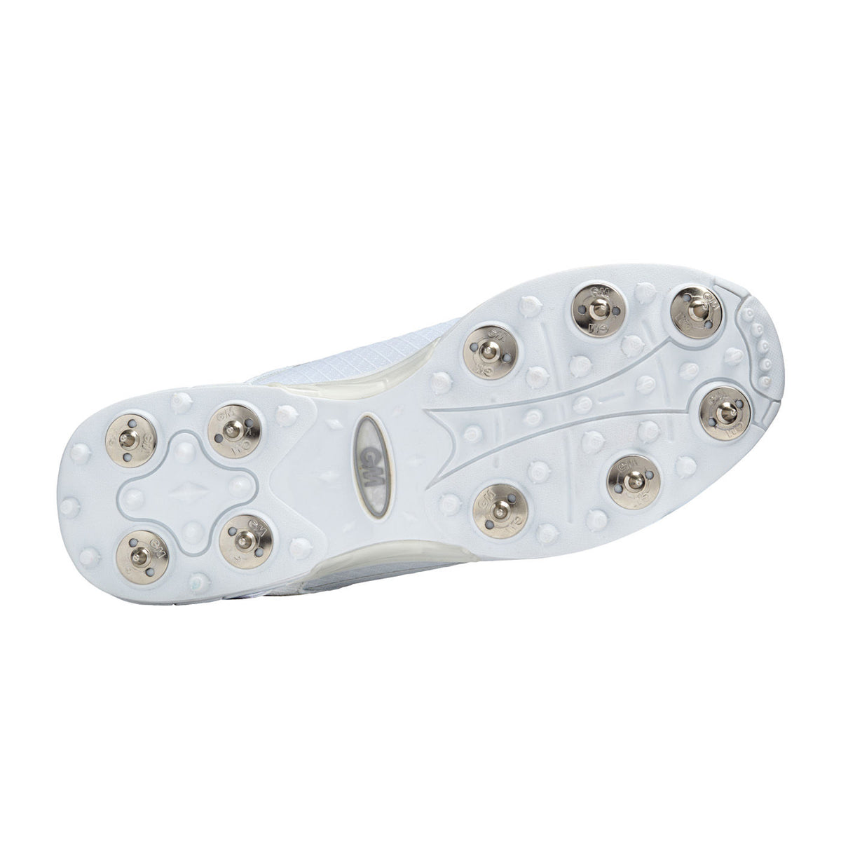 The image shows the bottom of the Gunn & Moore Icon Spike Junior by Gunn & Moore, a white shoe with twelve metal spikes for enhanced grip on soft surfaces—perfect for young athletes wanting lightweight sports footwear.
